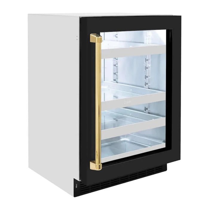 ZLINE 24" Touchstone 151 Can Beverage Fridge Black Matte Glass Door Gold RBSOZ-BLM-24-G