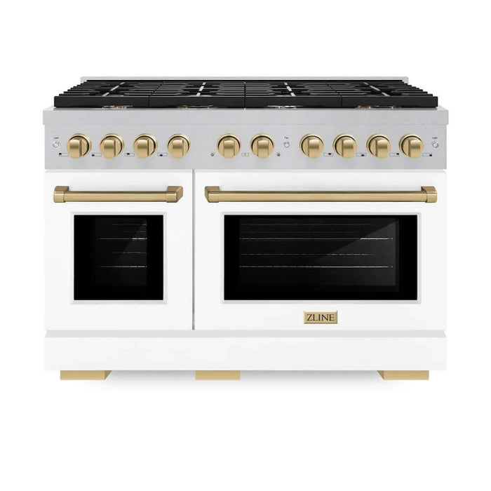 ZLINE 48"Gas Range, Convection Gas Oven, DuraSnow® White Matte, Champagne Bronze SGRSZ-WM-48-CB