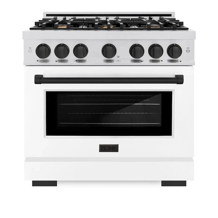 ZLINE 36" Select Dual Fuel Range Gas Cooktop Electric Convection Oven DuraSnow® Stainless Steel White Matte Door Matte Black HDRSZ-WM-36-MB