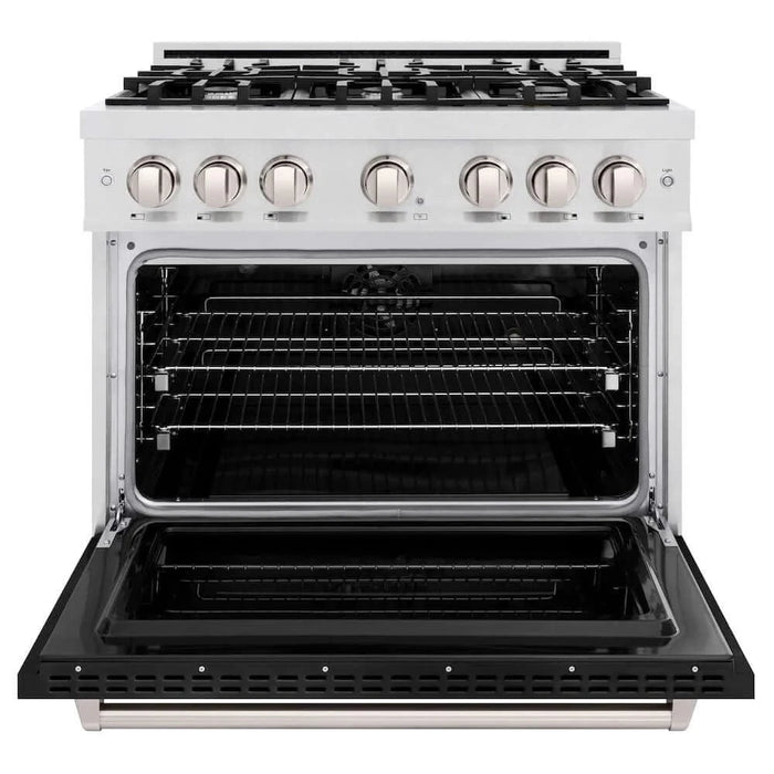 ZLINE 36" Dual Fuel Range, Gas Cooktop, Electric Convection Oven DuraSnow®Stainless Steel, Black Matte Door CDRS-BLM-36