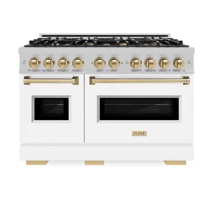 ZLINE 48"Classic Gas Range, Convection Gas Oven, Satin Stainless Steel, White Matte Door, Accents CGRSZ-WM-48-CB