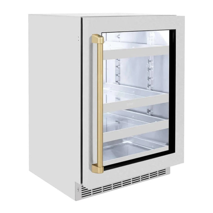 ZLINE 24" Touchstone 151 Can Beverage Fridge DuraSnow® Stainless Steel Glass Door And Champagne Bronze Handle RBSOZ-SN-24-CB
