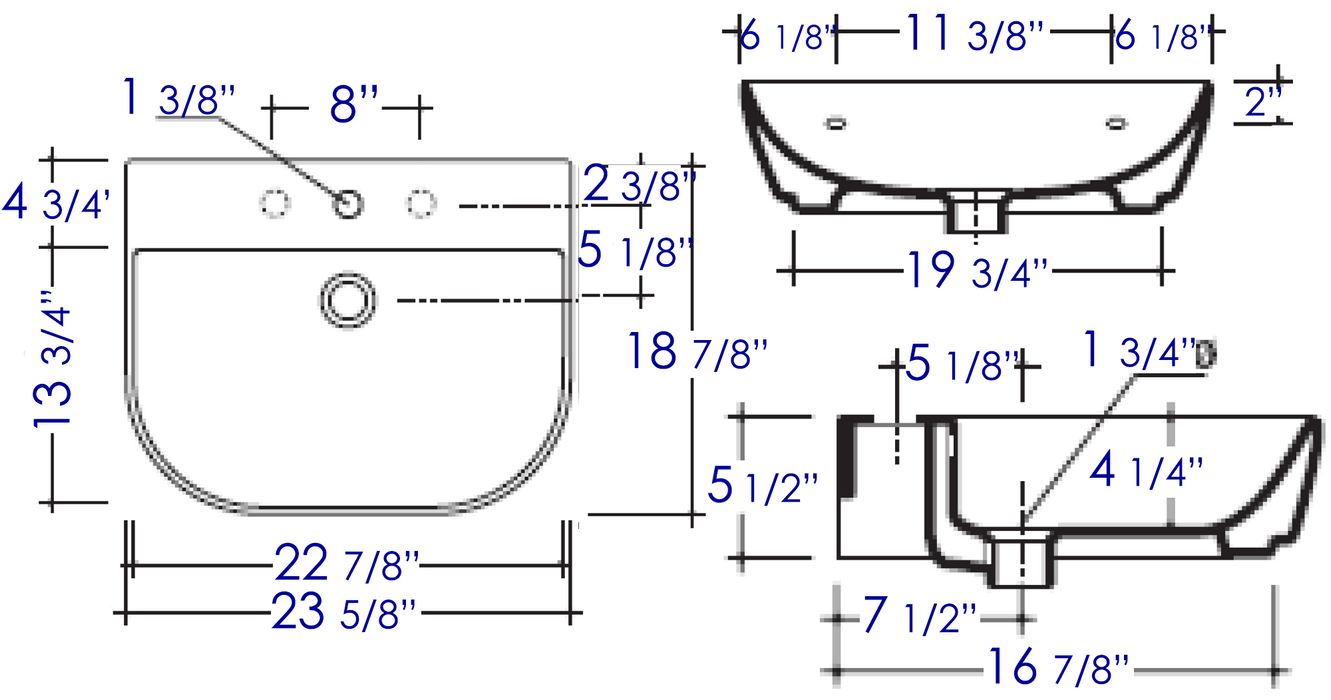 ALFI brand 24" White D-Bowl Porcelain Wall Mounted Bath Sink AB111