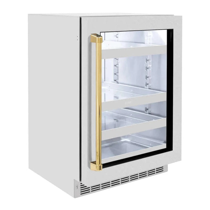 ZLINE 24" Touchstone 151 Can Beverage Fridge DuraSnow® Stainless Steel Glass Door Polished Gold Handle RBSOZ-SN-24-G