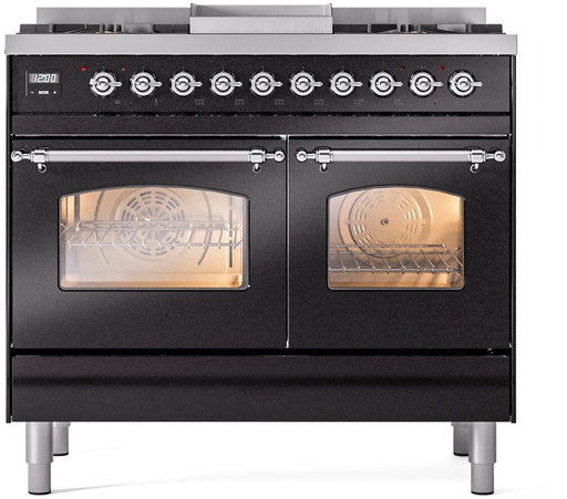 ILVE Nostalgie II 40" Dual Fuel Liquid Propane Range, Glossy Black, Chrome Trim UPD40FNMPBKCLP ILVE