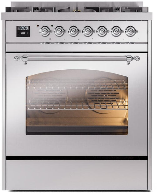 ILVE Nostalgie II 30" Dual Fuel Liquid Propane, Stainless Steel, Chrome Trim UP30NMPSSCLP ILVE