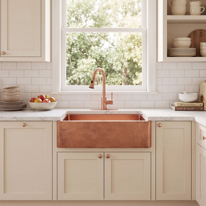 NAUXUS Copper Farmhouse Kitchen Sink, Handmade Hammered Single-Bowl Copper Apron Sink Include Kitchen Basket Stainer , FMHK09-NX