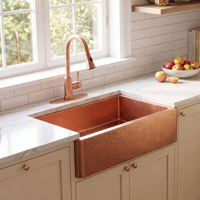 NAUXUS Copper Farmhouse Kitchen Sink, Handmade Hammered Single-Bowl Copper Apron Sink Include Kitchen Basket Stainer , FMHK09-NX