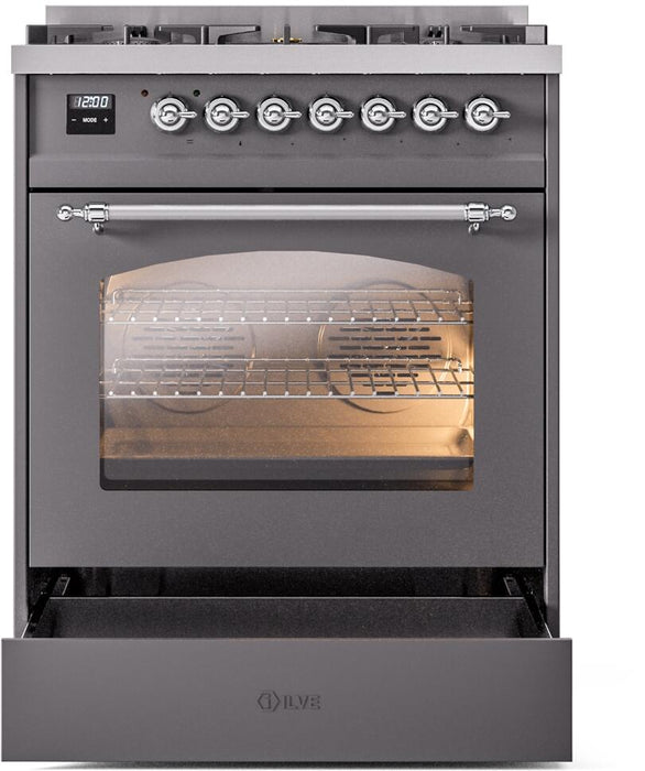 ILVE Nostalgie II 30" Dual Fuel Natural Gas Range, Matte Graphite, Chrome Trim ILVE UP30NMPMGC ILVE