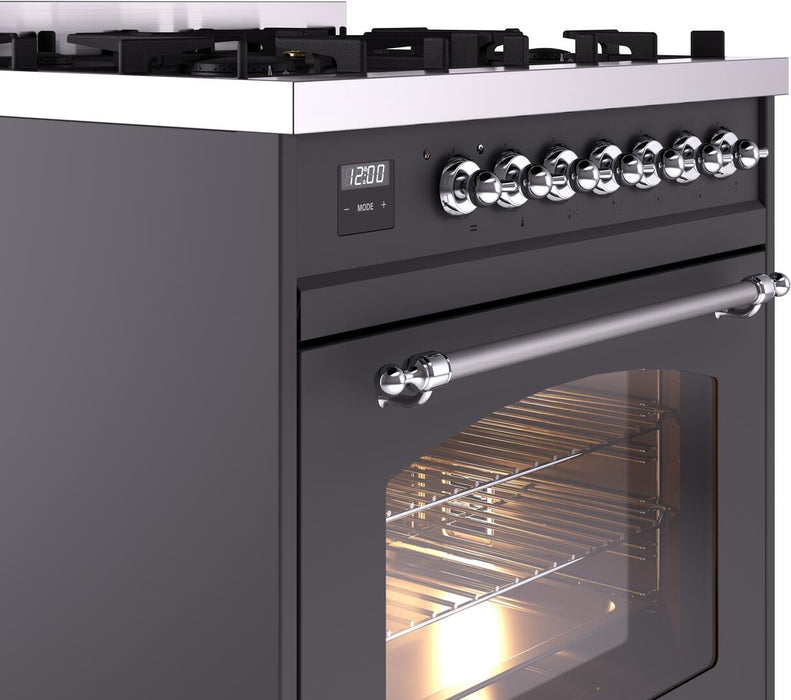 ILVE Nostalgie II 30" Dual Fuel Natural Gas Range, Matte Graphite, Chrome Trim ILVE UP30NMPMGC ILVE