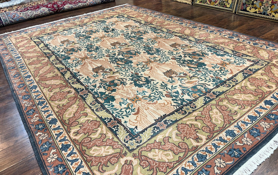 10x13 Wool Rug, Floral Pattern, Birds, Handmade Vintage Carpet, Couristan Rug, Beige