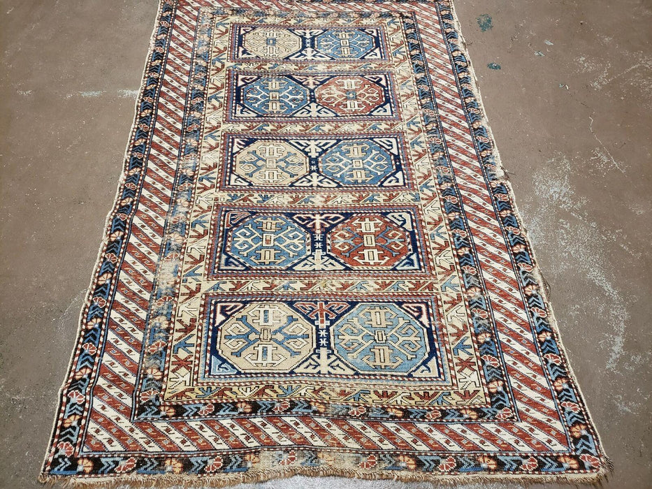 3' 4" X 4' 11" Antique Handmade Shirvan Kazak Caucasian Wool Rug Colorful