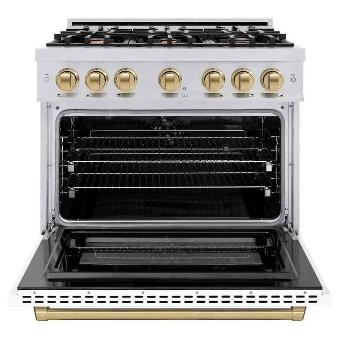 ZLINE 36"" Select Dual Fuel Range Gas Cooktop Electric Convection Oven Stainless Steel White Matte Doors Champagne Bronze HDRZ-WM-36-CB