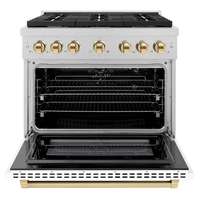 ZLINE 36"Gas Range, Convection Gas Oven, DuraSnow® White Matte, Gold SGRSZ-WM-36-G