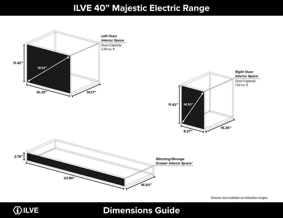 ILVE 40"Majestic II Induction Range Glossy Black Brass Trim UMDI10NS3BKG