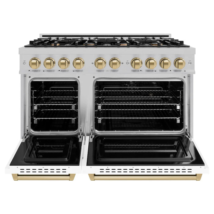 ZLINE 48" Classic Double Oven Dual Fuel Range, 8 Burner Gas Cooktop, Stainless Steel, White Matte Doors, Accents CDRZ-WM-48-CB