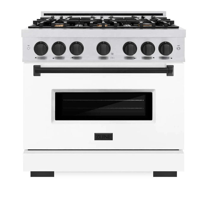 ZLINE 36" Dual Fuel Range, Gas Cooktop, Electric Convection Oven DuraSnow® Stainless Steel, White Matte Door Matte Black CDRSZ-WM-36-MB