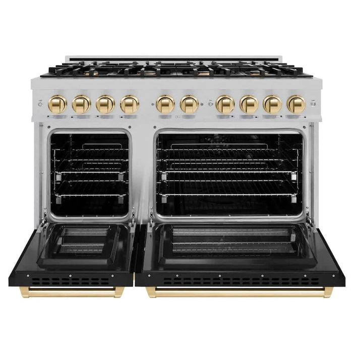 ZLINE 48" Select Gas Range  Convection Gas Oven DuraSnow® Stainless Steel Black Matte Door Gold HGRSZ-BLM-48-G