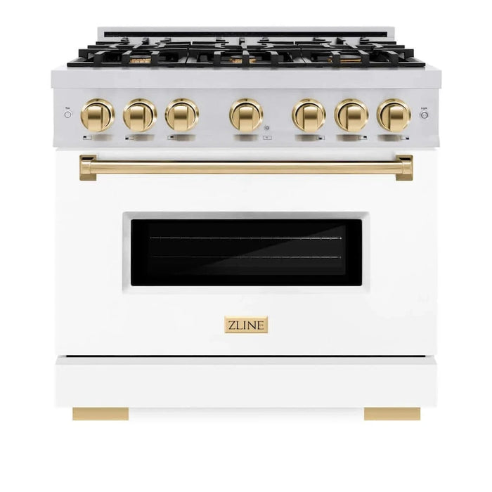 ZLINE 36" Classic Gas Range, Convection Gas Oven Stainless Steel, White Matte Door Polished Gold CGRZ-WM-36-G