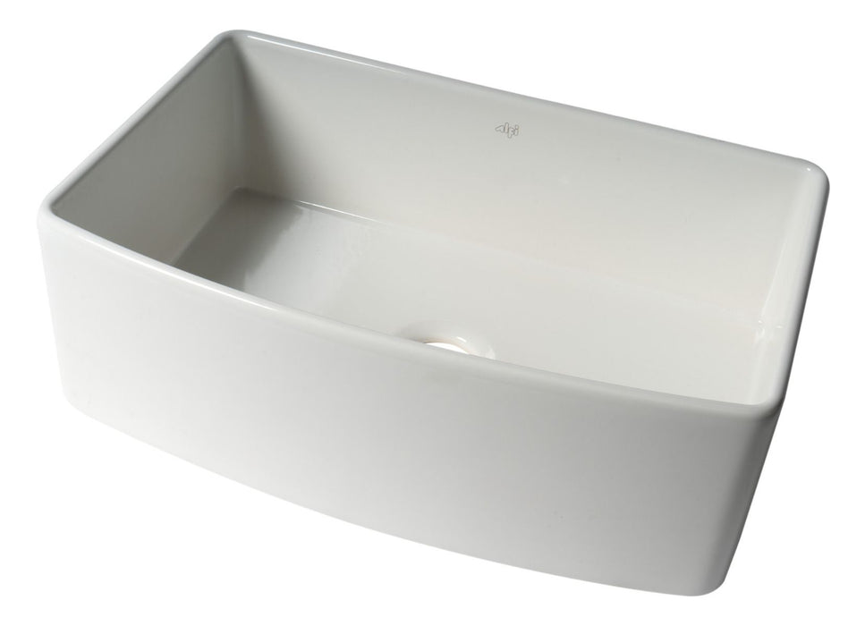 ALFI Brand White Smooth Curved Apron 30" Single Bowl Fireclay Farm Sink, Grid ABFC3020-W