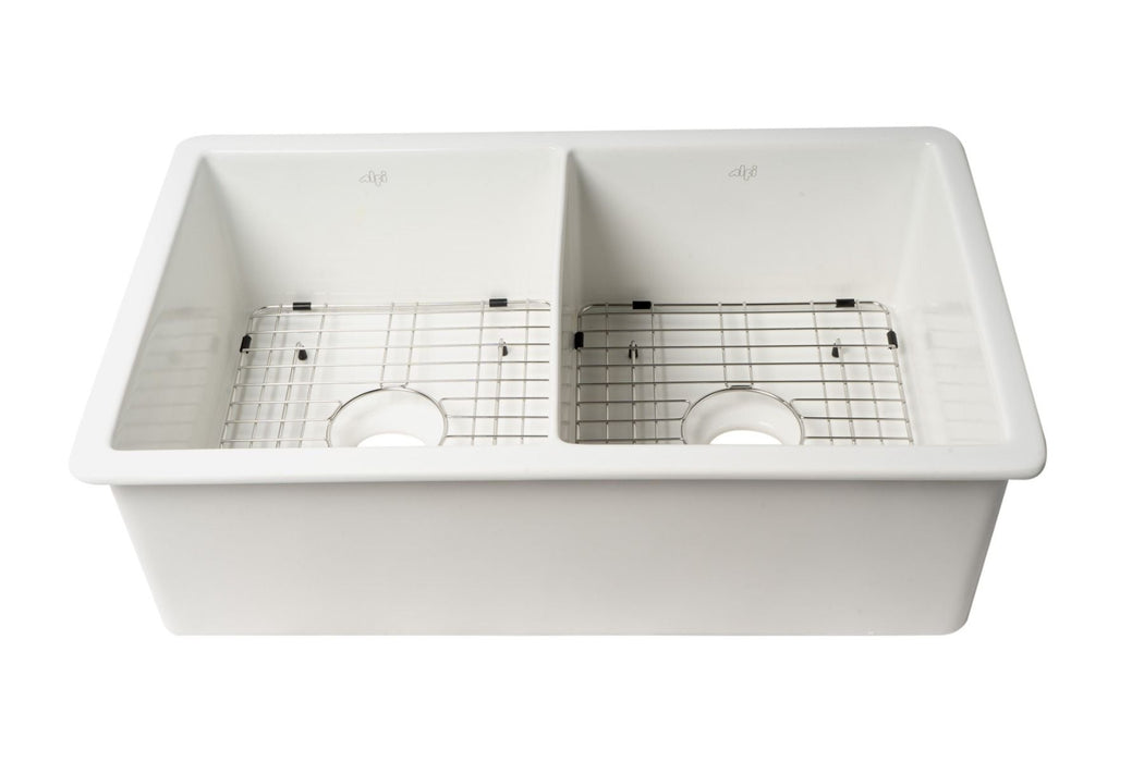 ALFI brand White 32" Double Bowl Fireclay Kitchen Sink ABF3219DUD-W