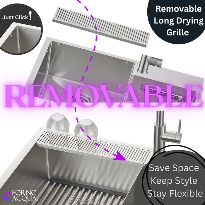 FORNO ACQUA 33" Drop-In/Undermount Stainless Steel Sink Retractable Faucet Waterfall H-ZN30