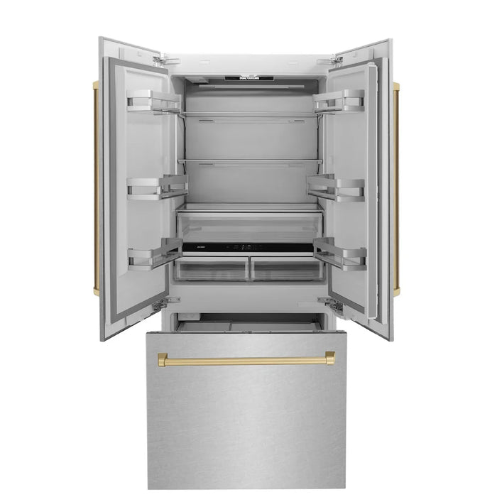 ZLINE Autograph Edition 36" French Door Built-In Bottom Freezer Refrigerator, Water Dispenser, Ice Maker, Satin Stainless Steel, Accents RBIVZ-SN-36-CB