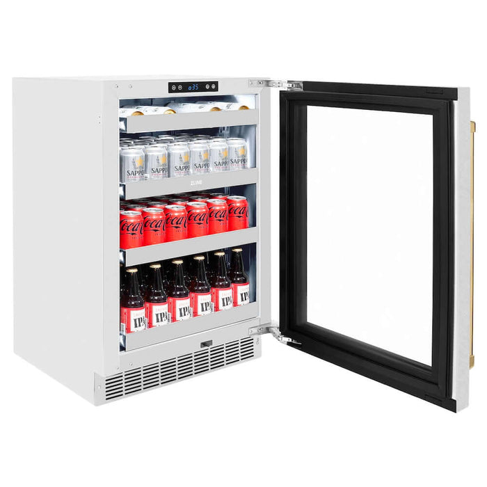 ZLINE 24" Touchstone 151 Can Beverage Fridge DuraSnow® Stainless Steel Glass Door Polished Gold Handle RBSOZ-SN-24-G