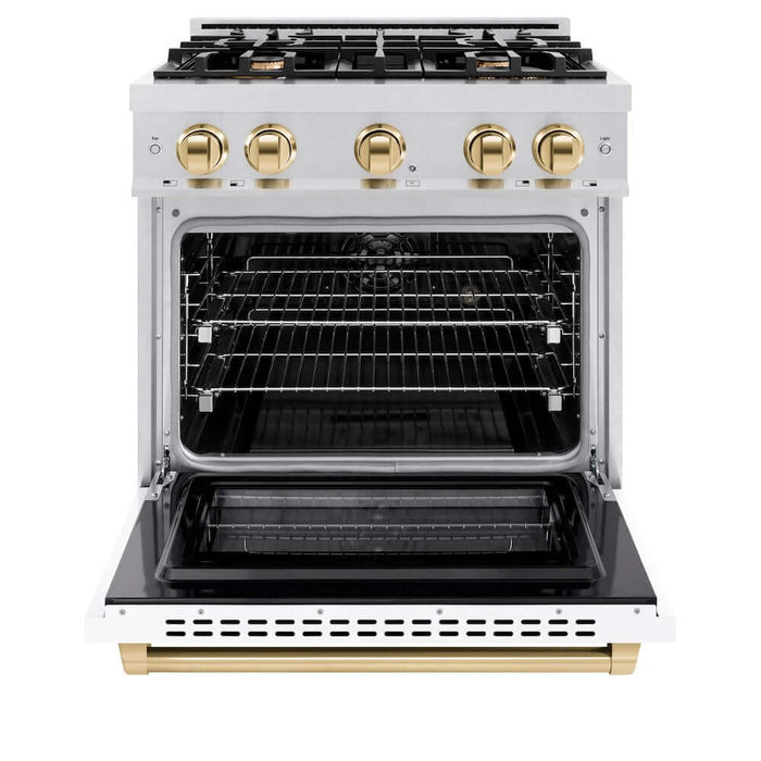ZLINE 30" Select Dual Fuel Range Gas Cooktop Electric Convection Oven DuraSnow® Stainless Steel White Matte Door Polished Gold HDRSZ-WM-30-G