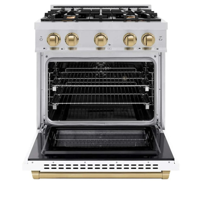 ZLINE 30" Select Dual Fuel Range Gas Cooktop Electric Convection Oven Stainless Steel White Matte Doors Champagne Bronze HDRZ-WM-30-CB