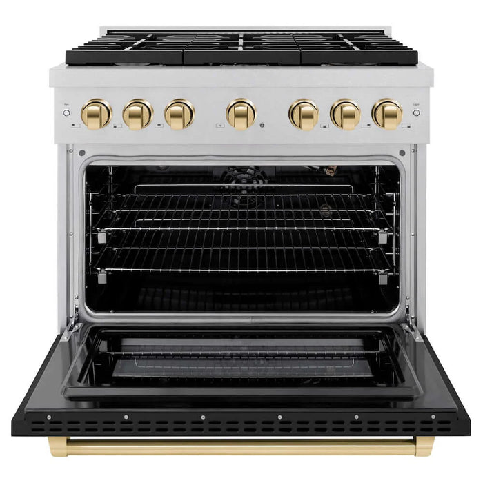 ZLINE 36"Gas Range, Convection Gas Oven, DuraSnow® Black Matte, Gold SGRSZ-BLM-36-G