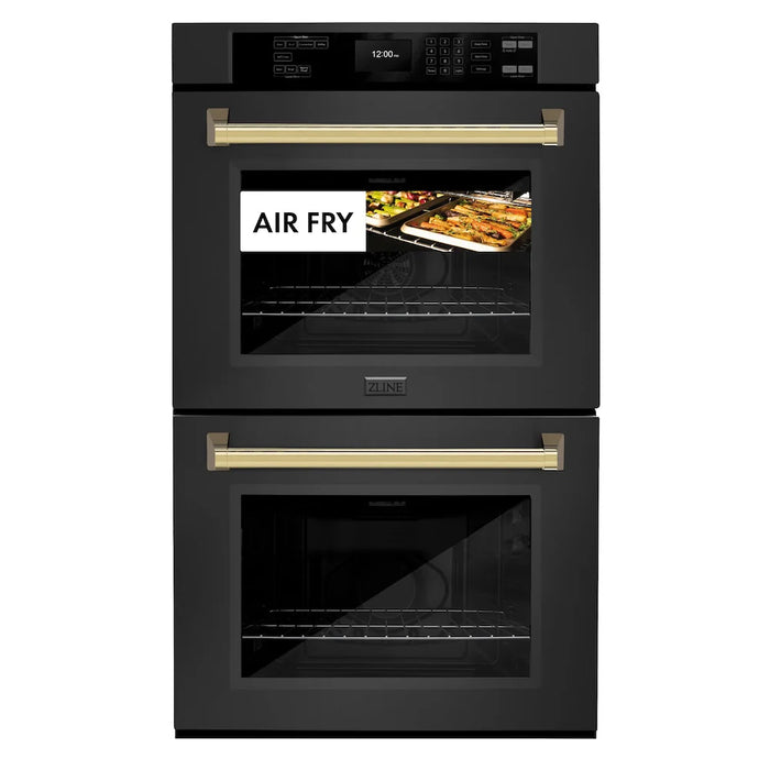 ZLINE 30"Professional True Convection Double Wall Oven, Air Fry, Self Clean Black Stainless Steel, Gold WADBZ-30-G