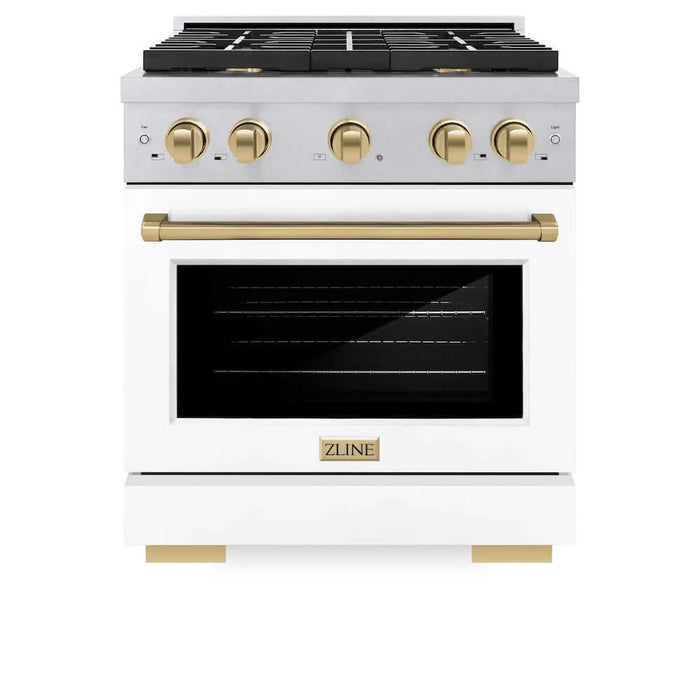 ZLINE 30"Gas Range, Convection Gas Oven, DuraSnow® White Matte, Champagne Bronze SGRSZ-WM-30-CB