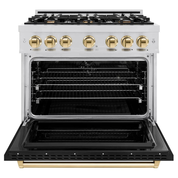 ZLINE 36" Dual Fuel Range, Gas Cooktop, Electric Convection Oven Stainless Steel, Black Matte Door Polished Gold CDRZ-BLM-36-G