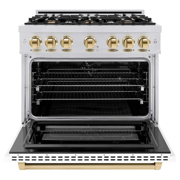 ZLINE 36"" Select Dual Fuel Range Gas Cooktop Electric Convection Oven Stainless Steel White Matte Doors Polished Gold HDRZ-WM-36-G