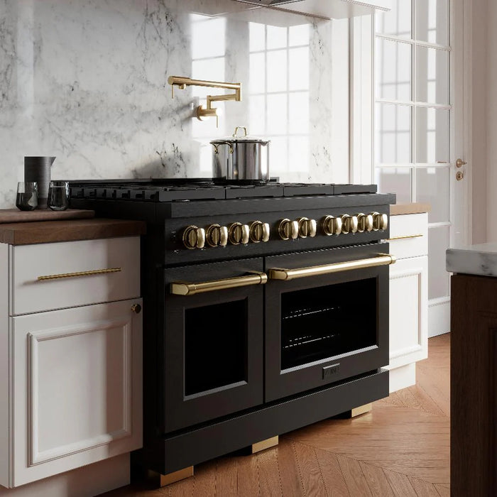 ZLINE 48"Paramount Dual Fuel Range Black Stainless Steel, Gold SDRBZ-48-G