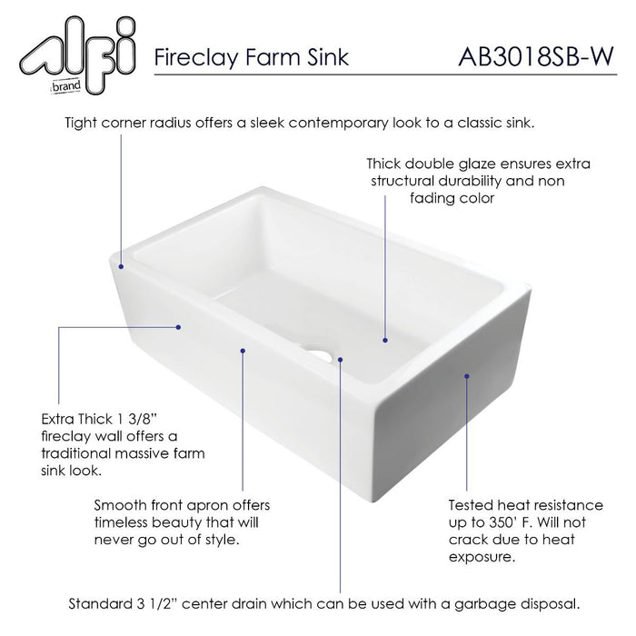ALFI brand 30" Smooth Solid Thick Wall Fireclay One Bowl Farm Sink AB3018SB