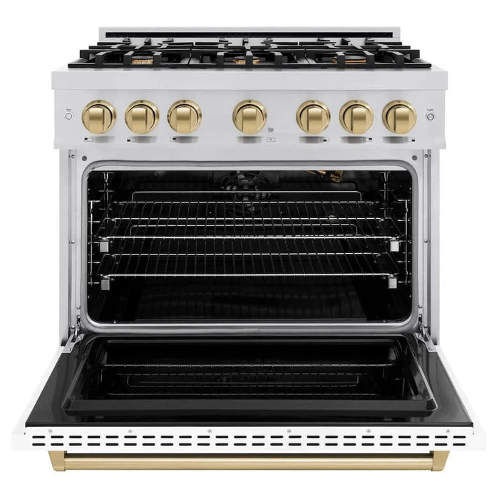 ZLINE 36" Classic Gas Range, Convection Gas Oven Stainless Steel, White Matte Door Champagne Bronze CGRZ-WM-36-CB