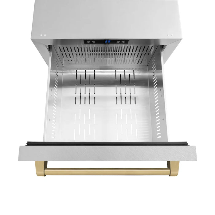 ZLINE Autograph Edition 24" Touchstone 168 Can Outdoor-Rated Dual Refrigerator Drawer, Satin Stainless Steel Door, Accents  RDSOZ-SN-24-CB