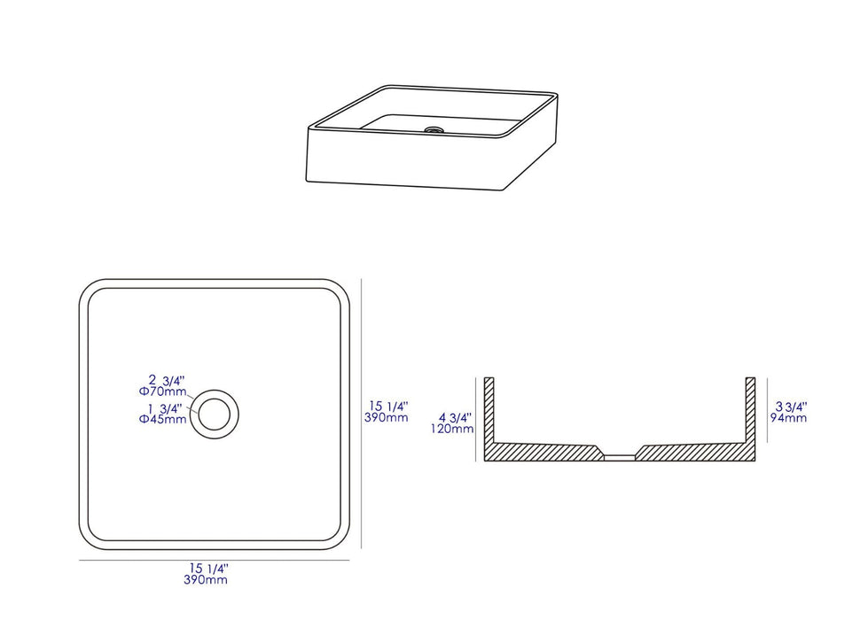 ALFI brand 16" Square Solid Concrete Gray Matte Above Mount Bathroom Sink ABCO16S