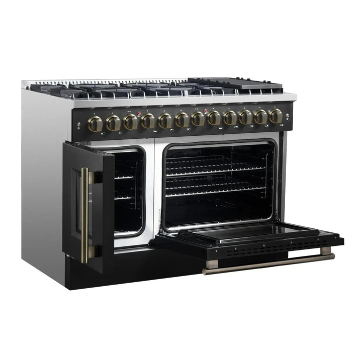 Forno Galiano 48" French Door Dual Fuel Range, 8 Burners, Electric Convection Oven, Black Antique Brass Trim, FFSGS6356-48BLK