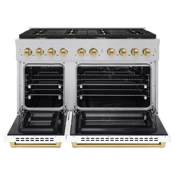 ZLINE 48"Gas Range, Convection Gas Oven, DuraSnow® White Matte, Champagne Bronze SGRSZ-WM-48-CB