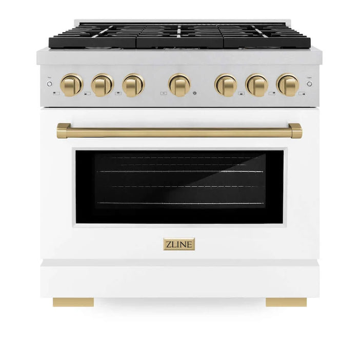 ZLINE 36"Gas Range, Convection Gas Oven, DuraSnow® White Matte, Champagne Bronze SGRSZ-WM-36-CB