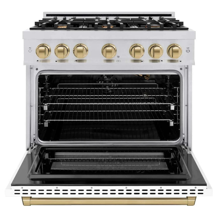 ZLINE 36" Select Gas Range Convection Gas Oven Stainless Steel White Matte Doors Champagne Bronze HGRZ-WM-36-CB