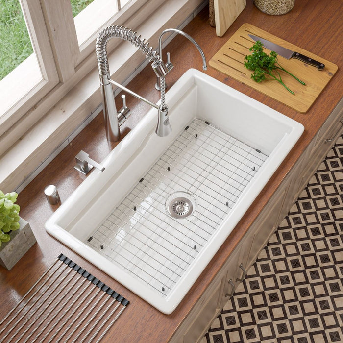 ALFI brand White 32" Workstation Step Rim Single Bowl Fireclay Undermount / Drop In Kitchen Sink ABFS3219SUD-W