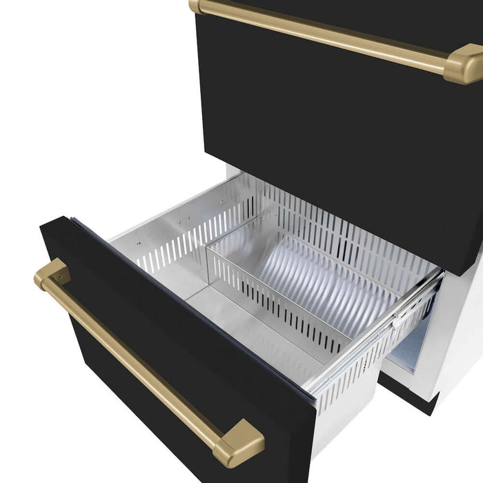 ZLINE Autograph Edition 24" Touchstone 168 Can Outdoor-Rated Dual Refrigerator Drawer, Black Matte Door, Accents  RDSOZ-BLM-24-CB