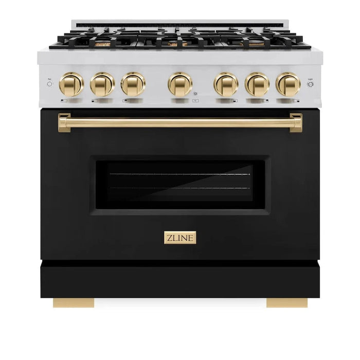 ZLINE 36" Classic Gas Range, Convection Gas Oven Stainless Steel, Black Matte Door Polished Gold CGRZ-BLM-36-G