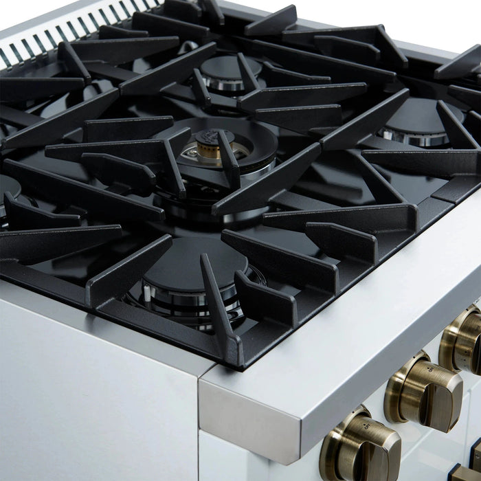 Forno Galiano 30" French Door Gas on Gas Range White Antique Brass Trim FFSGS6444-30WHT