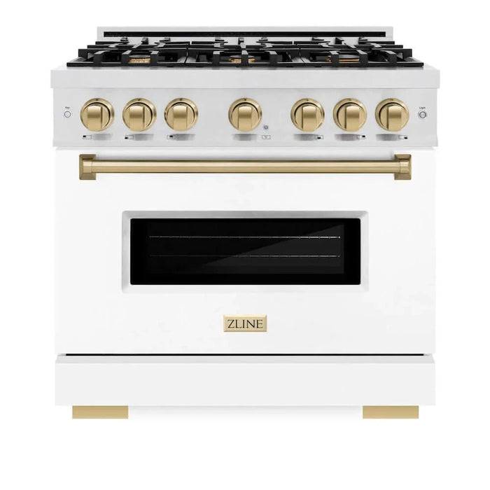 ZLINE 36"Classic Gas Range, Convection Gas Oven, DuraSnow® Stainless Steel, White Matte Door Champagne Bronze CGRSZ-WM-36-CB