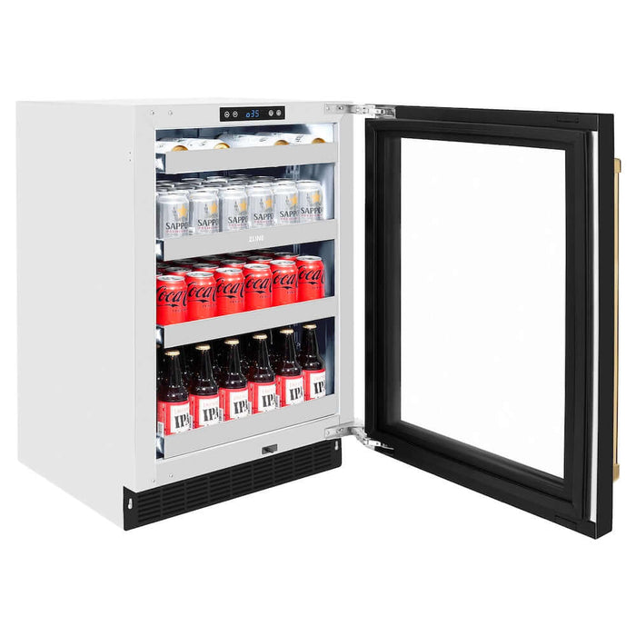 ZLINE 24" Touchstone 151 Can Beverage Fridge Black Matte Glass Door Gold RBSOZ-BLM-24-G